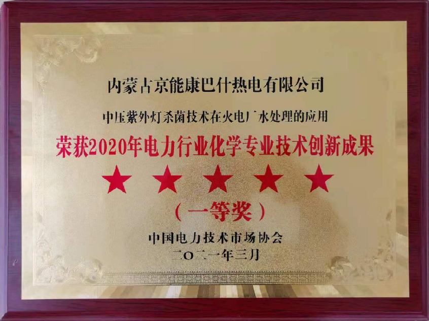 康巴什热电技术改造项目获得2020年电力行业化学专业技术创新成果一等奖